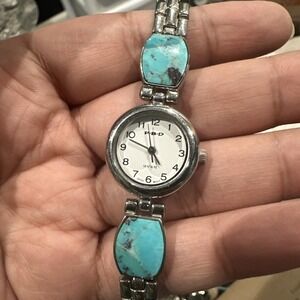 Working PBD Santa Fe Ladies Dainty Watch W/ Blue Stone Steel Bracelet 22mm 6.5"